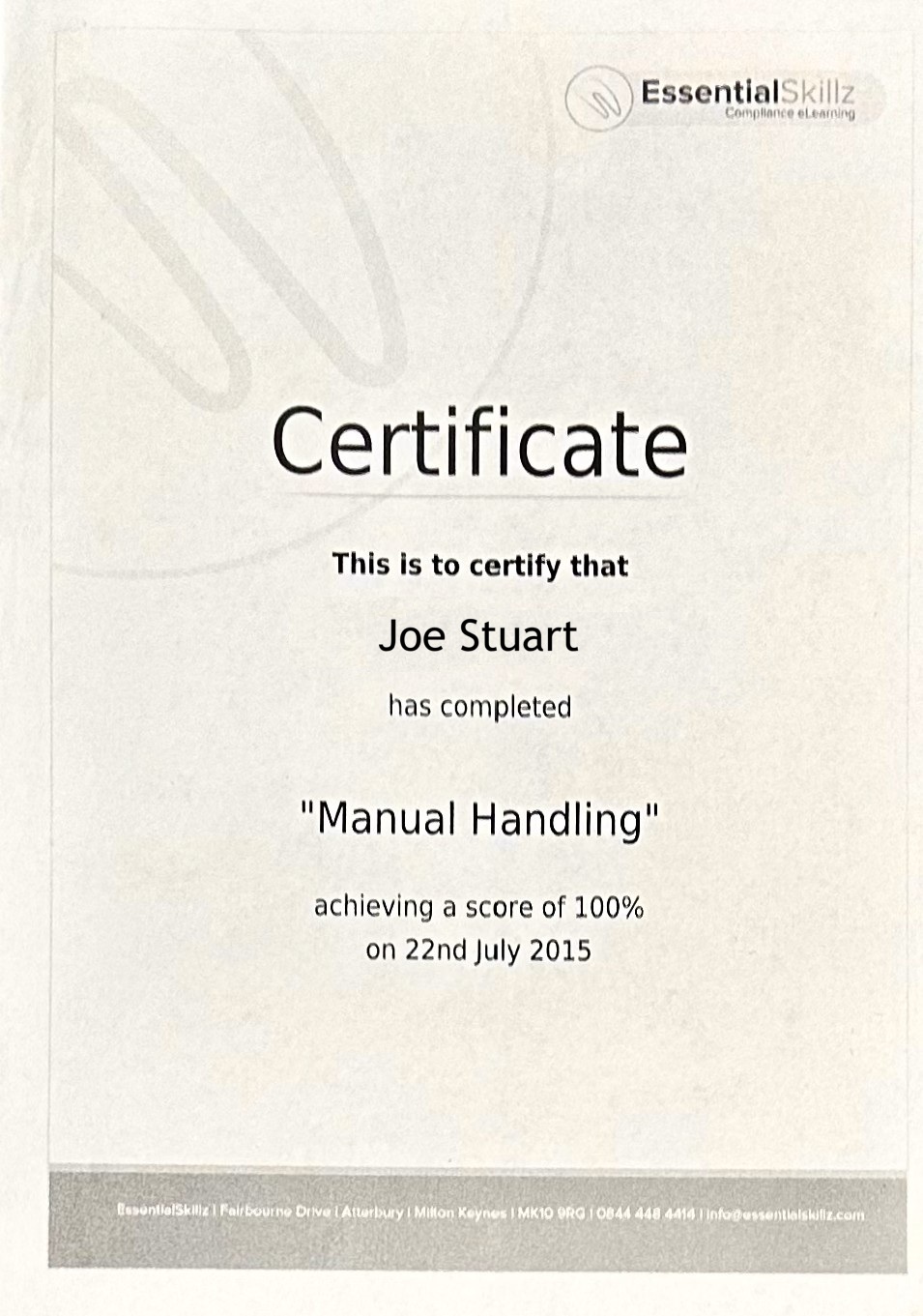 Joe Stuart's 100% Manual Handling Certificate from July 22, 2015