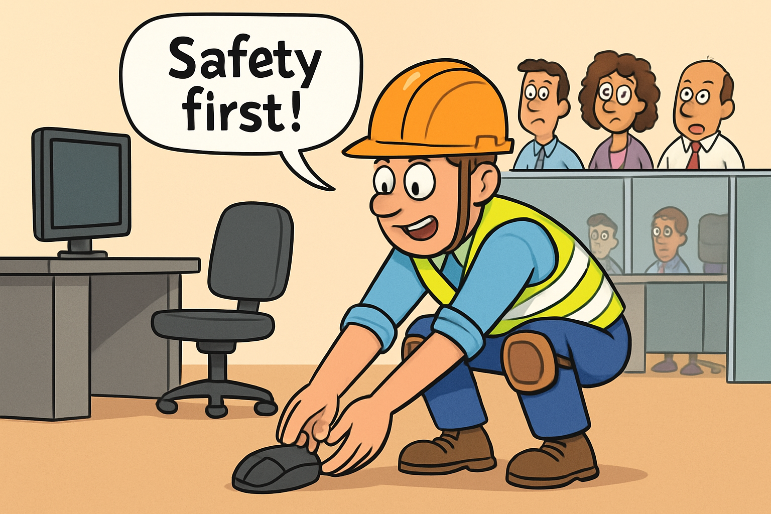 Office worker in full safety gear lifting a computer mouse